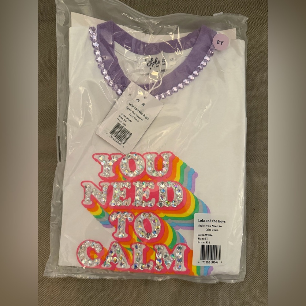 Lola + The Boys White Tee with Purple Trim + Rainbow Design in girls size 8 NWT